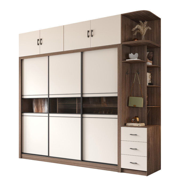 Sliding door wardrobe, walnut color, modern minimalist, for home bedroom, small apartment, overall assembled closet, sliding door wardrobe.