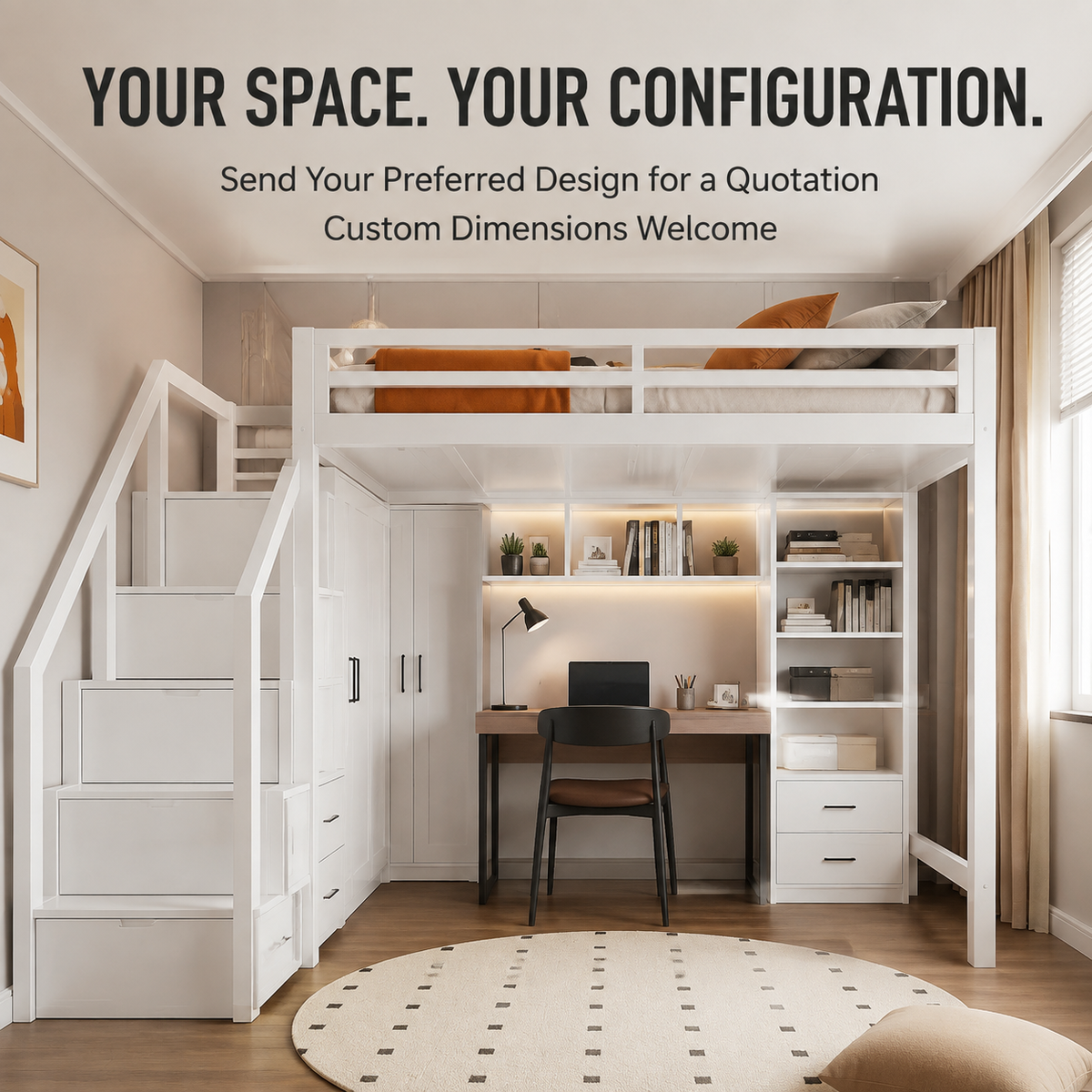 Custom Loft Bed with Staircase Storage | Wood or Metal High Sleeper Bed