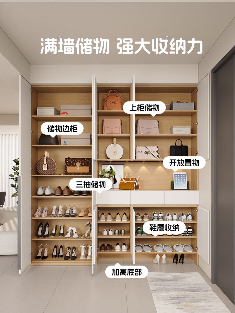 奶油风鞋柜家用门口玄关柜一体靠墙简约隔断柜客厅储物柜实木定制