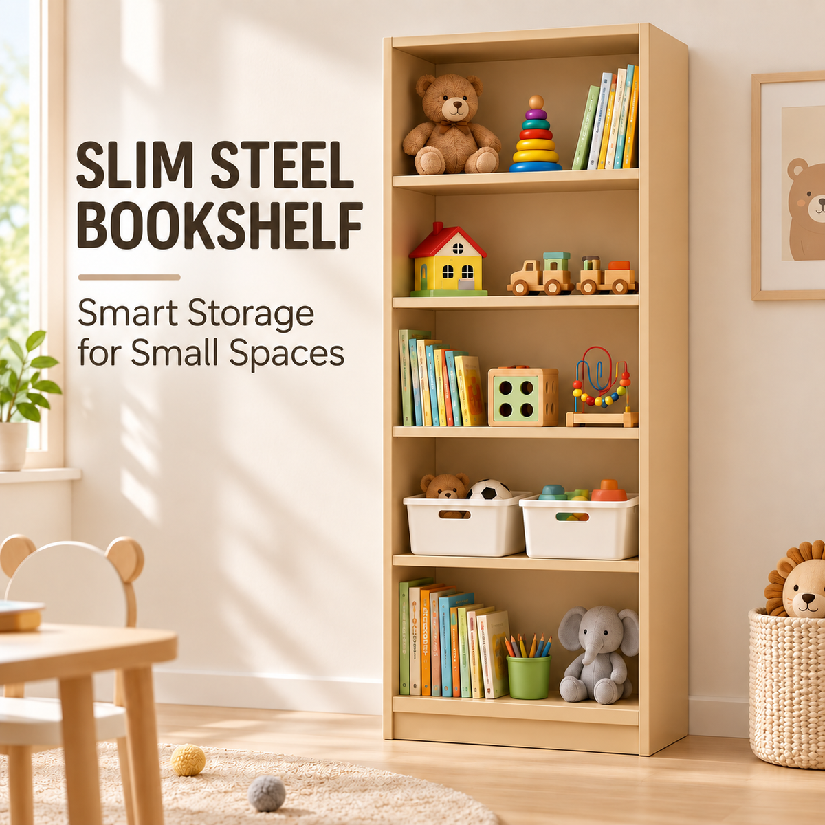 Slim Steel Bookshelf Narrow Multi-Tier Storage Shelf