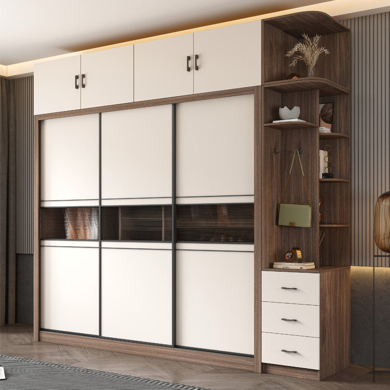 Sliding door wardrobe, walnut color, modern minimalist, for home bedroom, small apartment, overall assembled closet, sliding door wardrobe.