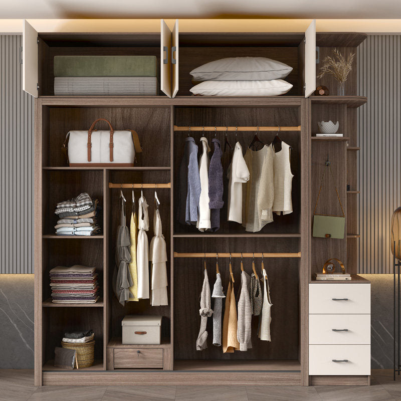 Sliding door wardrobe, walnut color, modern minimalist, for home bedroom, small apartment, overall assembled closet, sliding door wardrobe.