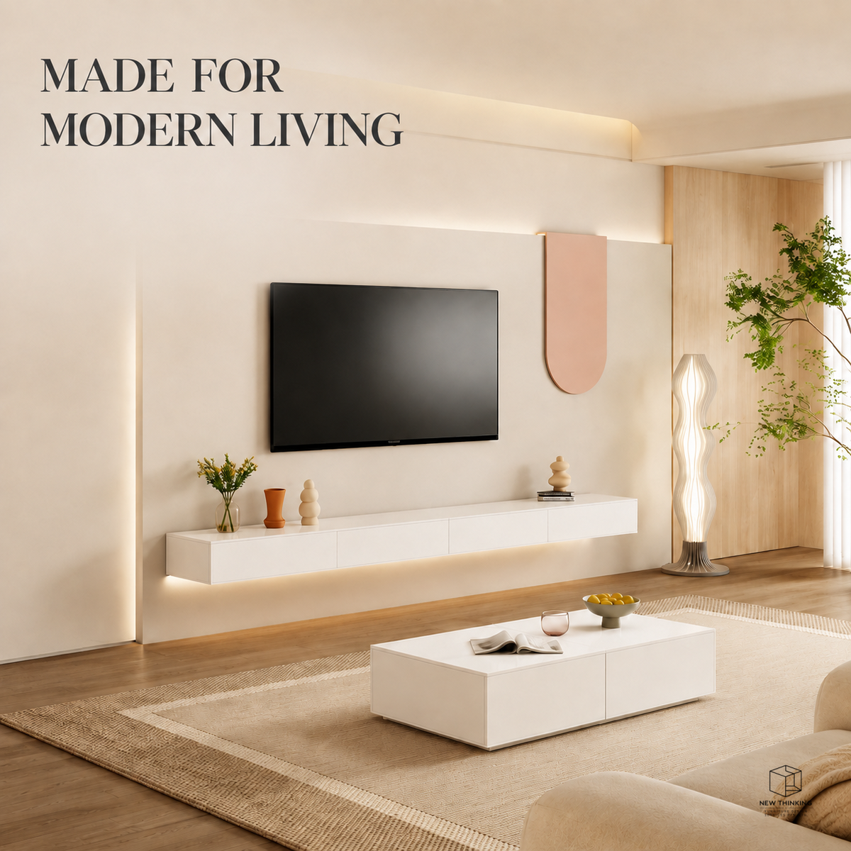 Warm White Floating TV Cabinet | Wall-Mounted TV Console | Matching Coffee Table