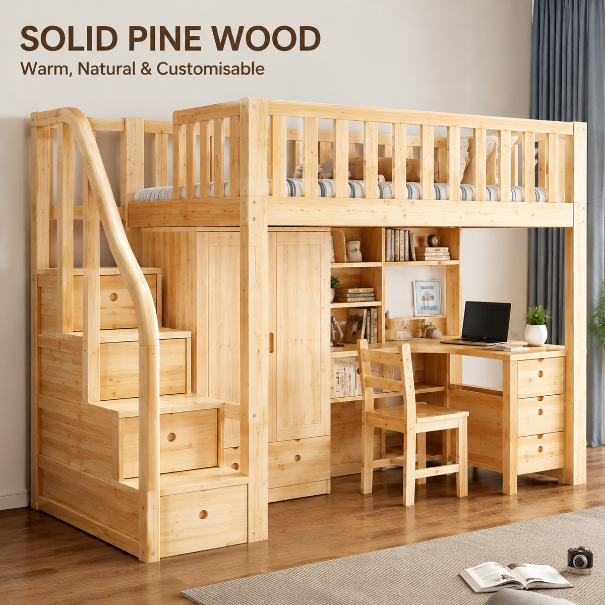 Custom Loft Bed with Staircase Storage | Wood or Metal High Sleeper Bed