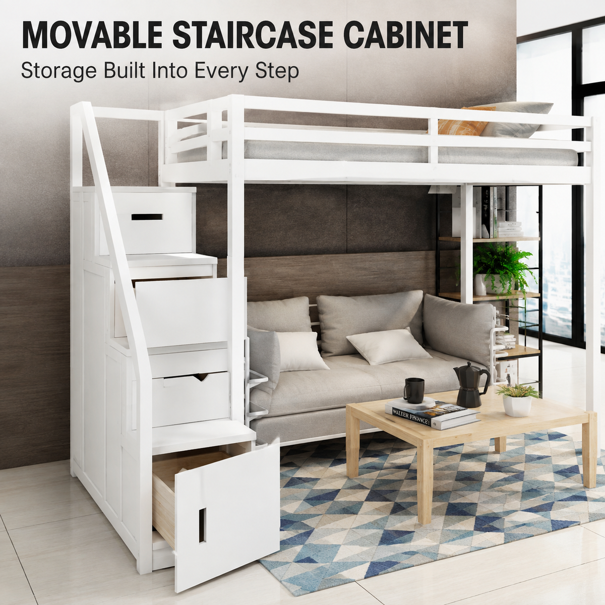 Custom Loft Bed with Staircase Storage | Wood or Metal High Sleeper Bed